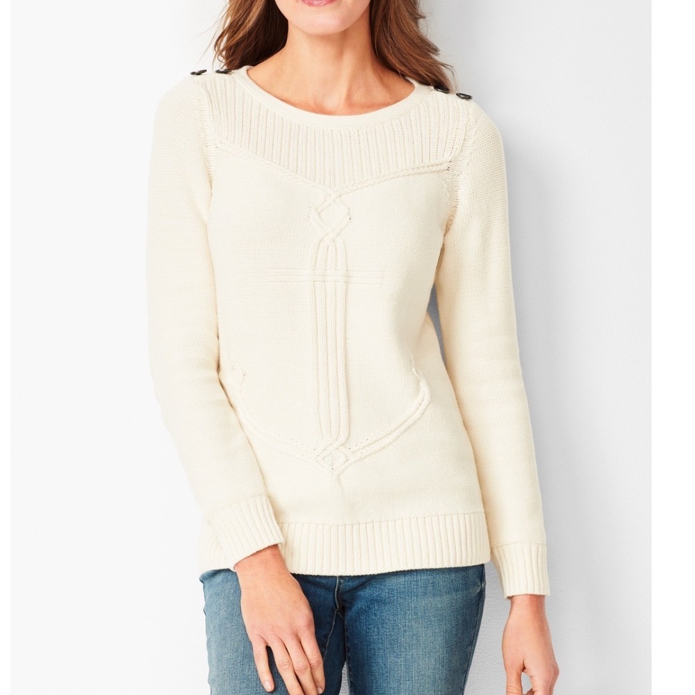 Talbots Cable Ribbed Yoke Cotton Sweater Size XS Cream Preppy Buttons